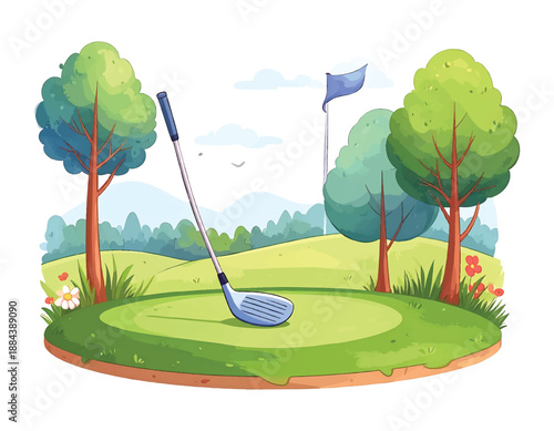 Cartoon golf course scene with a golf club on the green watercolor illutrastion transparent background