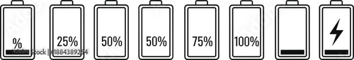 Battery charge level icons set showing 0 to 100 percent power status, charging symbol, clean outline vector illustration