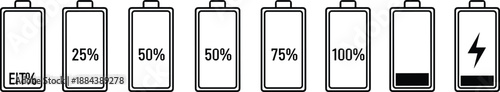 Battery charge level icons set showing empty to full power status, minimal outline design, smartphone energy indicator vector illustration