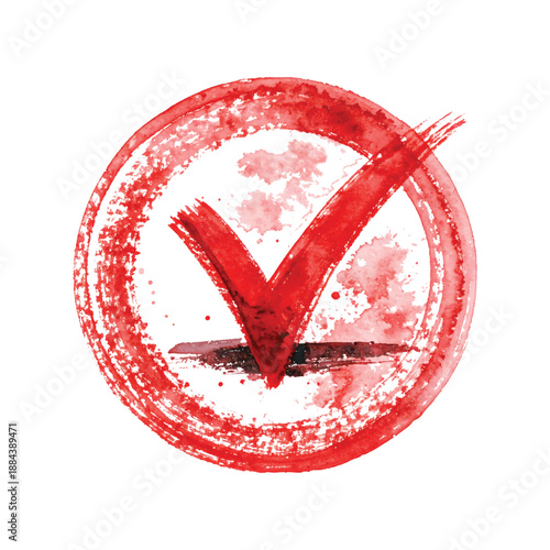 Red watercolor check mark symbol inside a circular brush stroke on illutrastion transparent background
