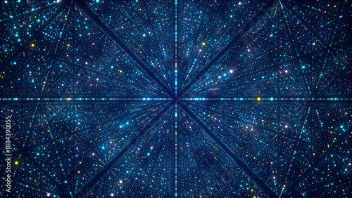 Abstract cyberspace with flying particles in infinite. Space futuristic backdrop. Infinity. Network connection big data. Science background. 3D rendering.