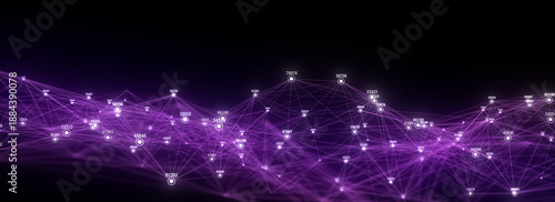Glowing wave with motion dots and lines with digital indicators. Abstract digital background. Concept connection big data. Futuristic technology backdrop. 3D rendering.