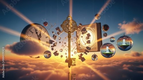 A surreal illustration of a giant key surrounded by floating clock faces and spheres in the sky at sunset