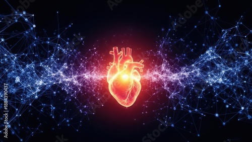 Glowing red heart with neural network connections on dark background with blue sparks