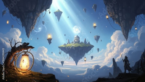 Fantasy landscape with floating island and hot air balloons in a blue sky with white clouds and a lantern