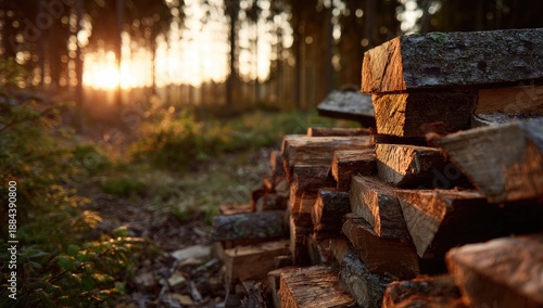 Wallpaper Mural Stacked logs in a forest at sunset, warm light filtering through trees Torontodigital.ca
