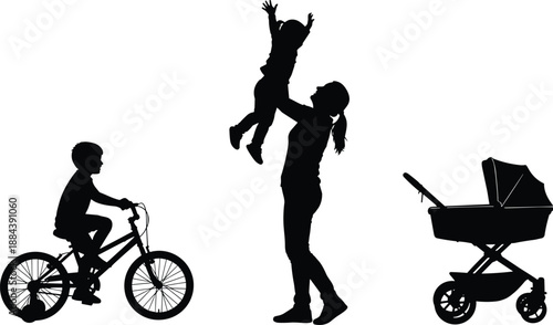 Silhouette of mother lifting happy toddler in the air, son riding bicycle and baby stroller nearby, family outdoor motherhood concept, vector isolated,