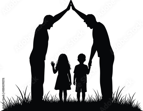 Silhouette of parents forming a house roof shape with hands over children, family protection and home security concept, vector isolated on white,