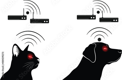 Silhouette, of, cat, and, dog, with, wifi, signals, and, glowing, red, eyes, near, internet, routers, representing, animal, tracking, technology, and, surveillance, concept.