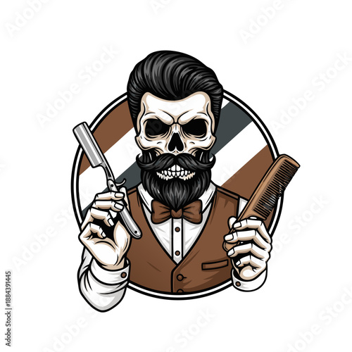 A skeleton barber with a straight razor and brush in a vintage style illustration