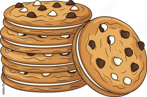 Stack of chocolate chip cookies with cream filling, sweet biscuit dessert illustration, delicious crunchy snack treats, bakery food vector graphic, isolated background.