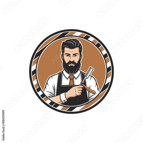 Barber with straight razor in a circular emblem, illustration of a bearded man