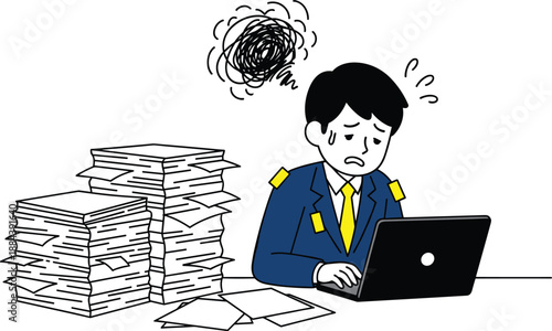Stressed businessman working on laptop with huge pile of paperwork, overwhelmed office employee dealing with high workload, burnout and deadline pressure concept.