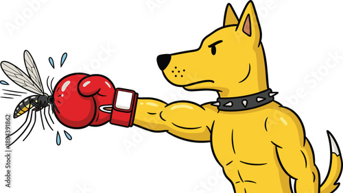 Strong muscular dog wearing boxing glove punching mosquito, pet parasite protection concept, heartworm prevention for dogs, animal health care, isolated vector illustration.