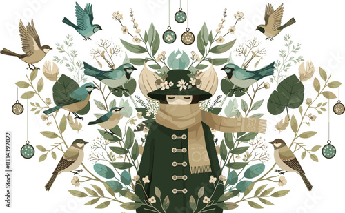Stylized woman wearing winter coat and scarf with birds, floral nature elements, vector illustration isolated on white background for seasonal greeting card.