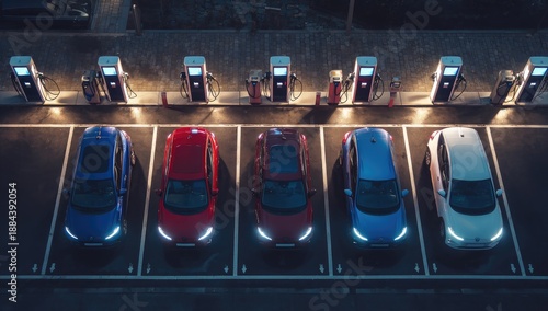 Cars parked at illuminated charging stations at night