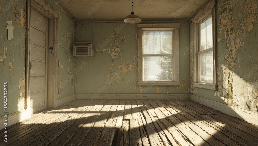 Fototapeta premium Dilapidated room with peeling paint, worn wooden floor, and sunlit windows