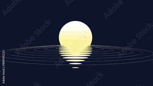 Sun or moon reflection on water at night vector illustration, glowing celestial body over calm sea waves, abstract peaceful ocean landscape background.