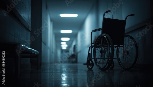 Eerie hospital hallway with illuminated ceiling lights and a vacant wheelchair
