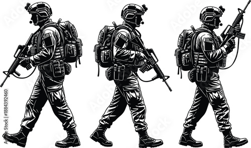 Three modern military soldier silhouettes walking with rifles and backpacks, army special forces vector illustration, combat security tactical guard infantry portrait design