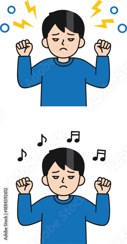 Tired young boy character feeling stressed with lightning bolts and then trying to relax with musical notes, mental health and emotional balance.