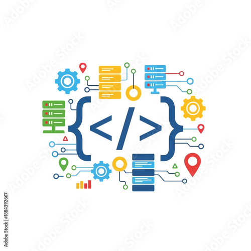 Coding symbols and software icons.