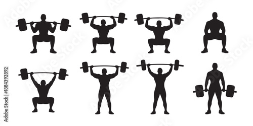 Group of black silhouettes of strong male athletes performing barbell squats and overhead lifts in different stages of weight training on transparent background vector graphic