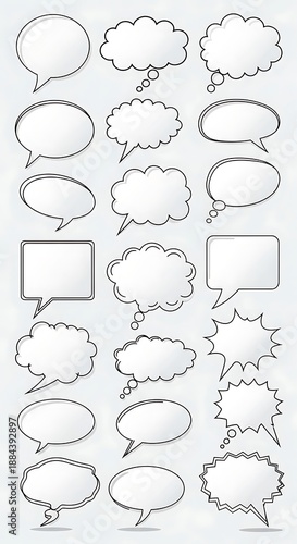 Various speech and thought bubbles are arranged on a light background.