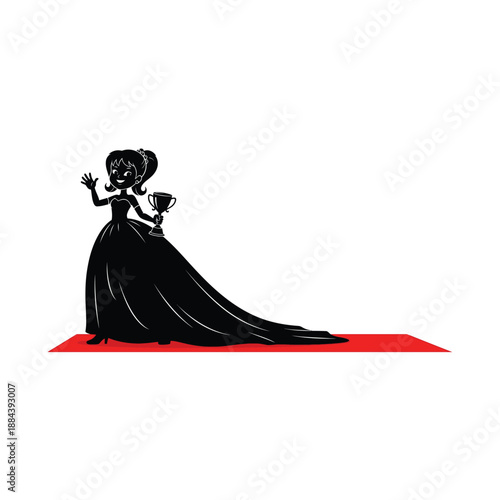 Elegant woman in black evening gown waving on red carpet