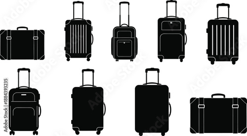 Collection of various travel suitcases in black ideal for design projects on transparent background silhouette