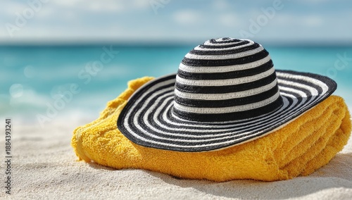 Striped hat and yellow towel on sandy beach, ocean backdrop