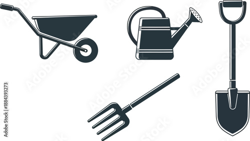 Gardening tools collection including wheelbarrow watering can and shovel silhouette on transparent background