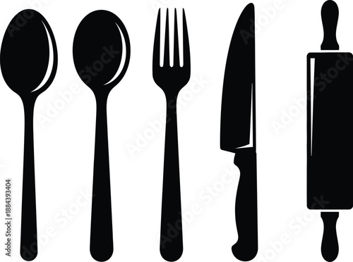 Black kitchen utensil silhouettes including spoon fork knife and rolling pin on transparent background