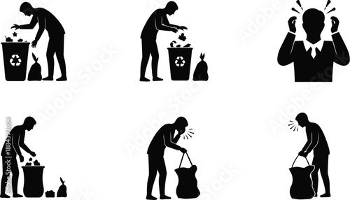 Black silhouettes of people dealing with waste and stress on transparent background