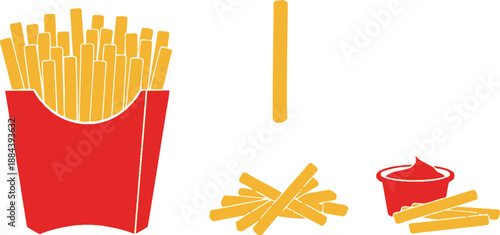 French fries in red container with ketchup scattered fries on transparent background silhouette