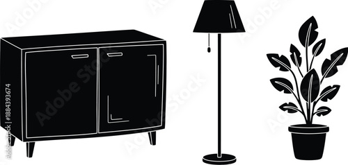 Minimalist interior scene with cabinet lamp and plant a striking silhouette on transparent background