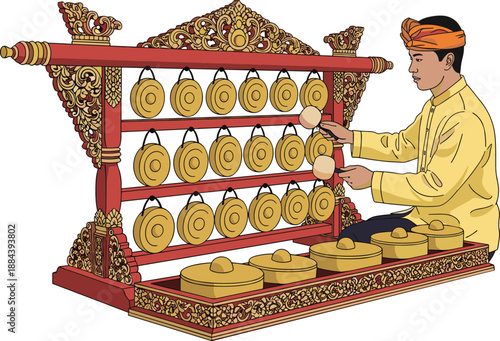  Traditional, Balinese, Gamelan, musician, playing, ornate, golden, gong, chimes, instrument, cultural, performance, Indonesia, Bali, music, character, vector, illustration, isolated, ethnic, art, her