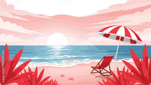 Tropical beach sunset landscape illustration, red lounge chair and umbrella on sand, pink sky with sun, ocean waves, summer vacation background, vector.
