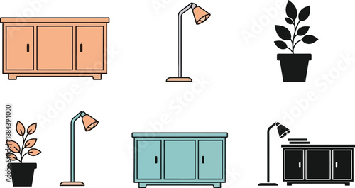 Minimalist furniture icons featuring a cabinet lamps and plants on transparent background silhouette