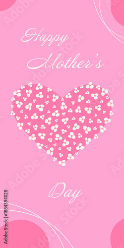 Happy Mothers Day Vertical Cards Design with Flowers decor on Heart Shape on trendy pink Flat Design. Isolated Vector illustration Mothers Day Greeting or Spring Themed Cards Media post Leaflet Banner