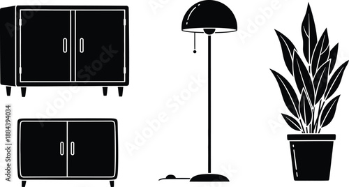 Minimalist furniture arrangement with cabinet lamp and plant a striking silhouette on transparent background