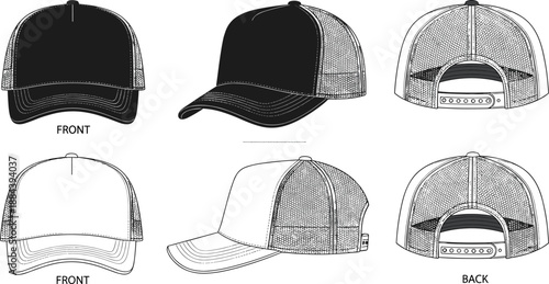 Trucker hat vector template, blank mesh back cap mockup, front side and back views, headwear technical drawing for fashion design, apparel illustration. (22 words)