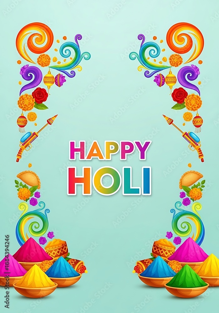 Naklejka premium Vibrant holi celebration with colorful powders and swirls on light blue background