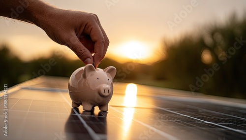 Hand places coin in piggy bank on solar panel at sunset