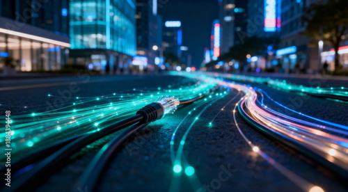 Fiber Optic Cables in Urban Night Cityscape