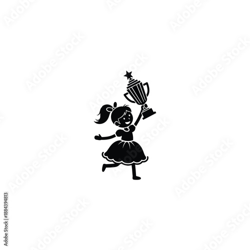 Little girl happily holding trophy cup and running with excitement