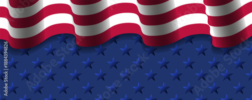 United state flag waving in blue background with stars. American patriotic background. USA traditional backdrop. Great for web banners, cards, posters, social media