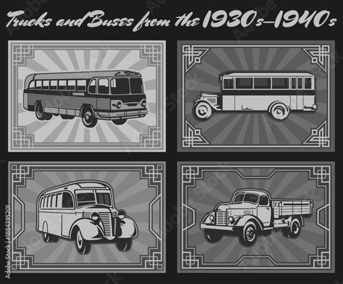 Trucks and Buses from the 1930s - 1940s. Retro Transport Poster Set. Art Deco Frames, Classic Autobus and Truck. 1930s, 1940s Monochrome Color Palette