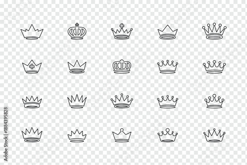 Royal crown outline icon set with luxury monarchy and king queen symbols for premium branding and decorative design. Royal crown symbol collection Crown icon set. Crown king mega icon set Crown icons 