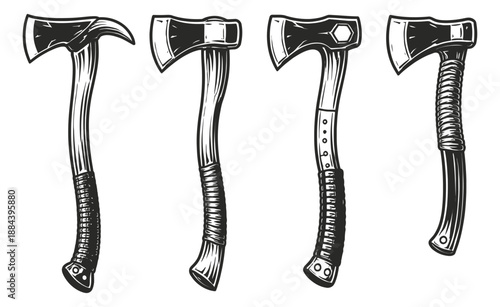 Hand drawn line art tool set featuring various axe designs for carpentry and woodworking projects